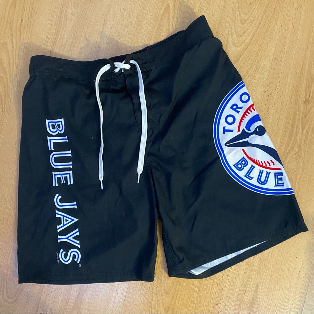 Black Board Shorts with White Drawstring and Large Logo Patch